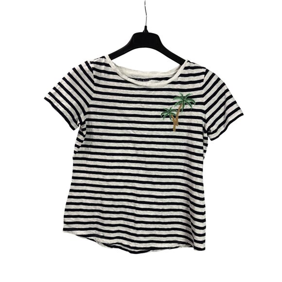 Talbots Striped T-Shirt Beaded Palm Tree Embroidery Womens M Cotton Short Sleeve - Picture 1 of 5